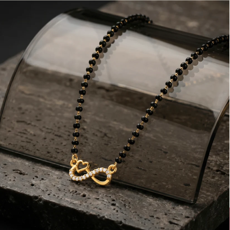 Anti-Tarnish Black Beaded Infinity Heart Crystal Mangalsutra Chain