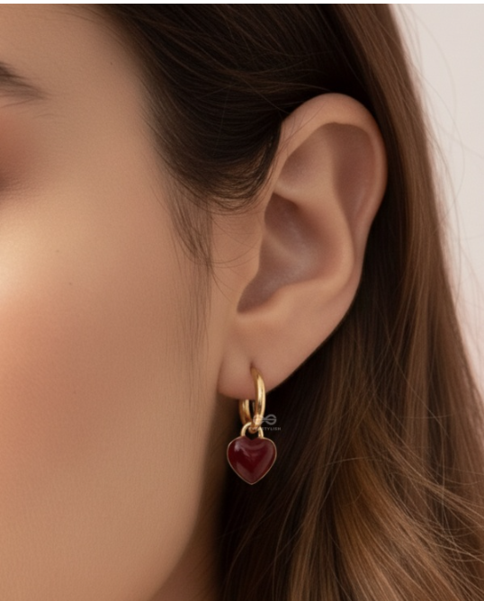 SCARLET CHARM - DAINTY HOOPS WITH A DEEP RED HEART