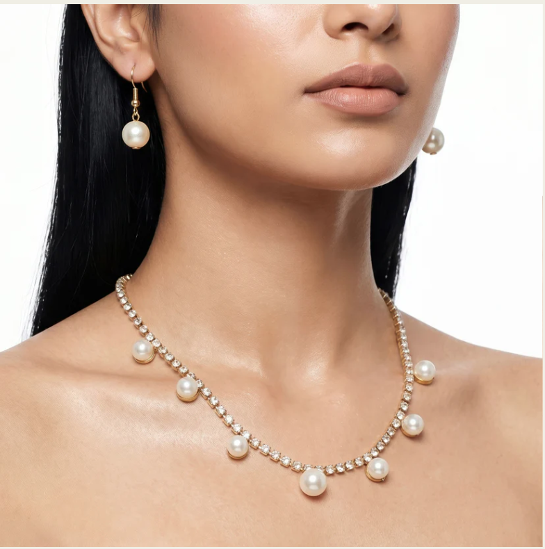 Anti-Tarnish Rhinestone And Faux Pearl Set With Earrings