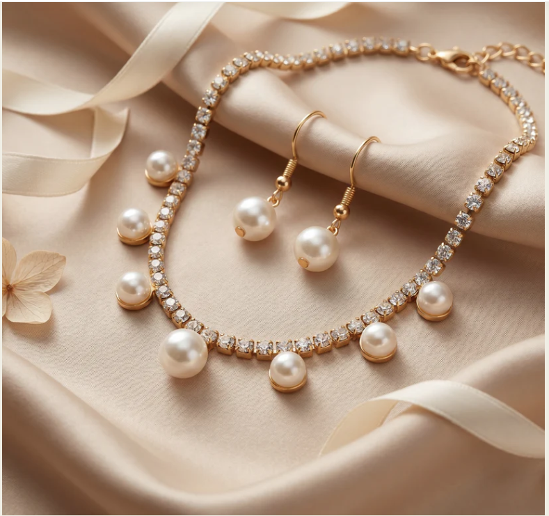 Anti-Tarnish Rhinestone And Faux Pearl Set With Earrings