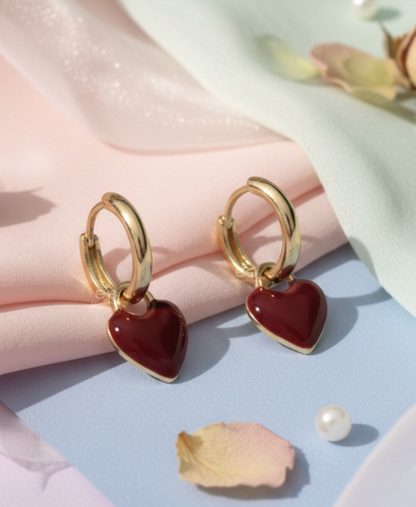 SCARLET CHARM - DAINTY HOOPS WITH A DEEP RED HEART