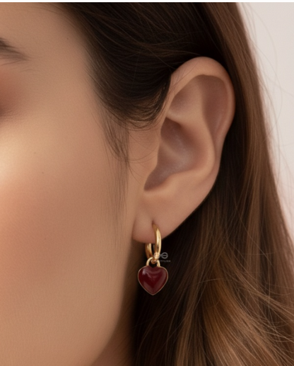 SCARLET CHARM - DAINTY HOOPS WITH A DEEP RED HEART