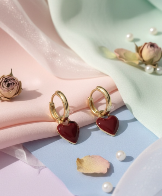 SCARLET CHARM - DAINTY HOOPS WITH A DEEP RED HEART