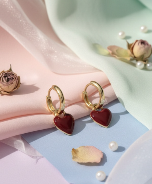 SCARLET CHARM - DAINTY HOOPS WITH A DEEP RED HEART